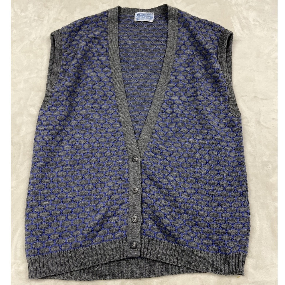 Pendleton Sweater Vest womans XL Grey Blue Wool Knit Button Front Vintage USA